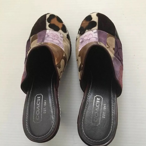 Coach Eva Patchwork Fur Leather Heel Slip On Clog Mules Suede 6B Made In Italy